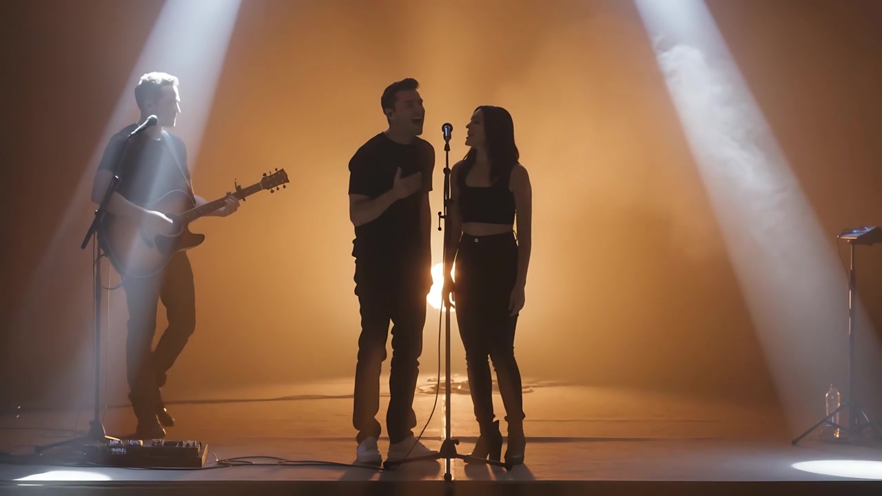 Luci che illuminano un duetto che canta su un palco color ambra, con microfono e chitarrista che suona a sinistra, entrambi vestiti con abiti scuri