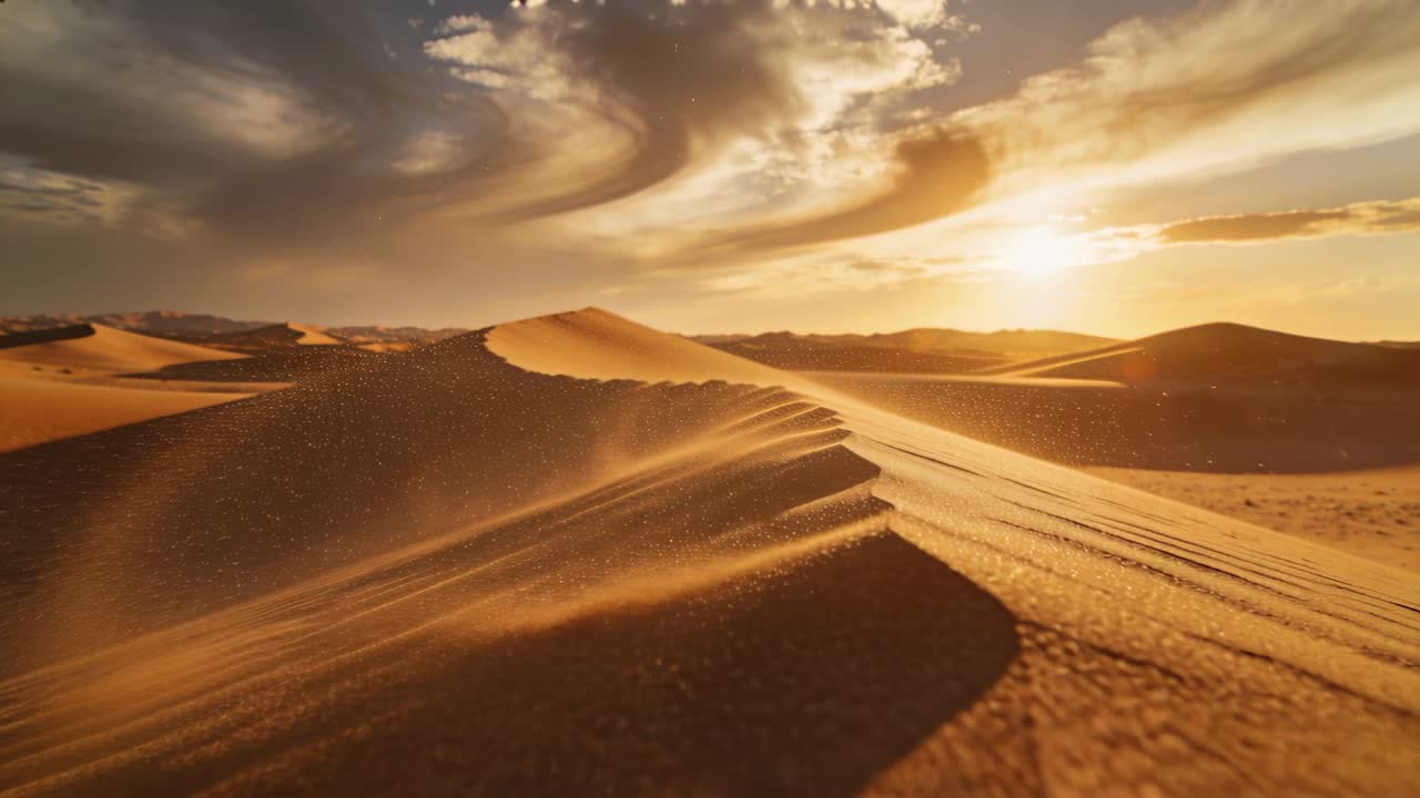 Carrellata che segue la cresta dentellata di una duna nel deserto, con il vento che solleva la sabbia, rivelando tracce di pneumatici.