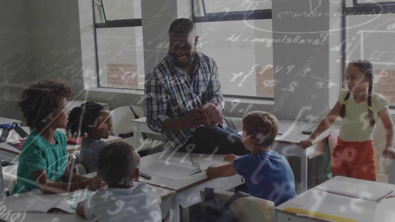 Teacher holding object starting handdrawn math overlay for study as class reaching writing smiling