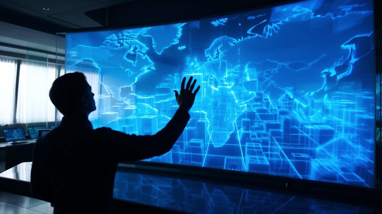 Silhouette of Person Interacting with Futuristic Digital World Map