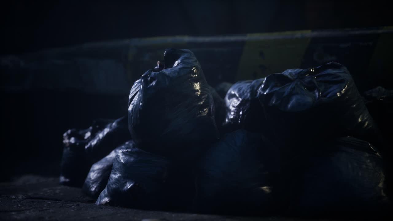 bolsas de basura en la calle de la ciudad una noche