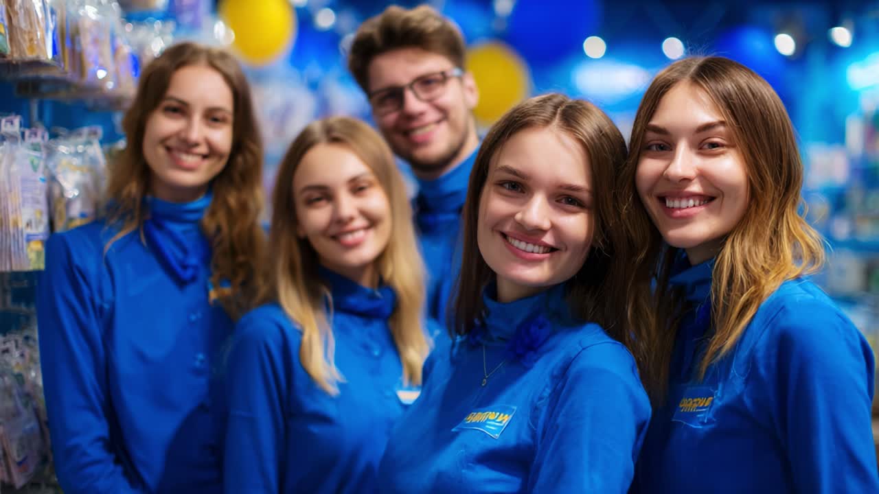 A Vibrant Team of Smiling Individuals Posing Together in Bright Blue Apparel, Showcasing Joy and Togetherness in a Colorful Store Setting Filled with Merchandise and Cheerful Atmosphere
