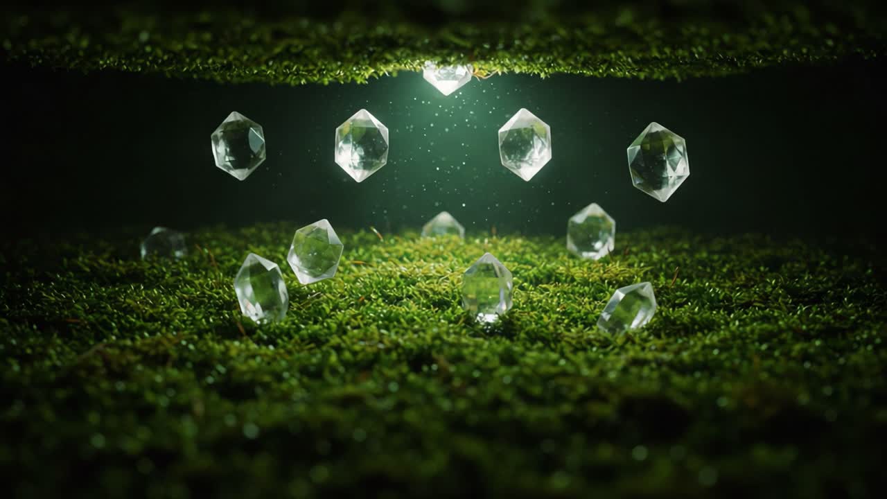 Radiant Crystal Reflections in a Lush Green Environment: A Stunning Visual of Floating Gems Capturing Light Amidst Nature's Beauty