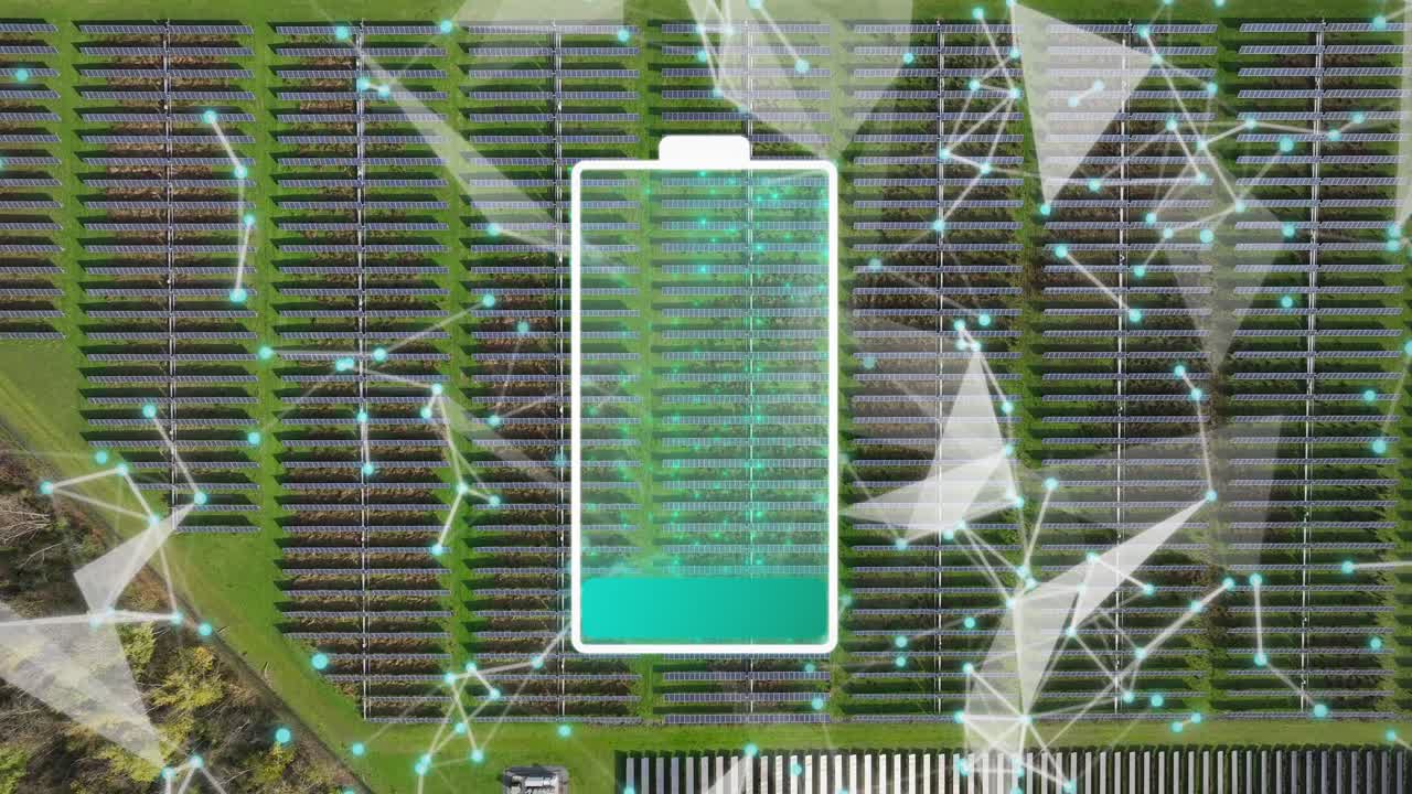 Solar Battery Storage Animation Over Renewable Energy Field – Aerial Concept of Smart Power Grid