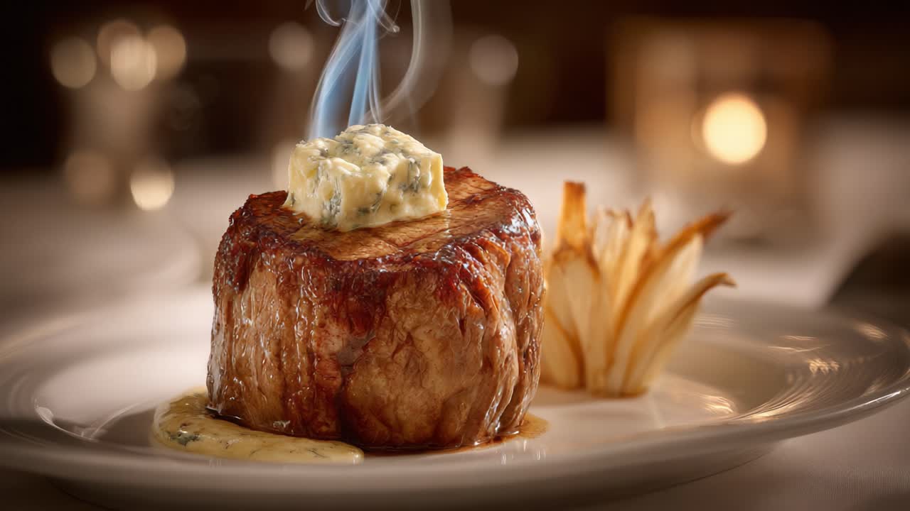 A Gourmet Steak Dish Featuring a Succulent Cut of Meat Topped with Herb Butter, Perfectly Cooked to Perfection, Surrounded by Crispy Fries and a Subtle Smoky Aroma