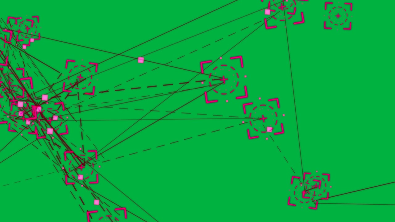 Magenta node pulsing, sending pink cubes along red beams to show data flow on transparent canvas