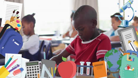 animation of school icons over schoolchildren in class