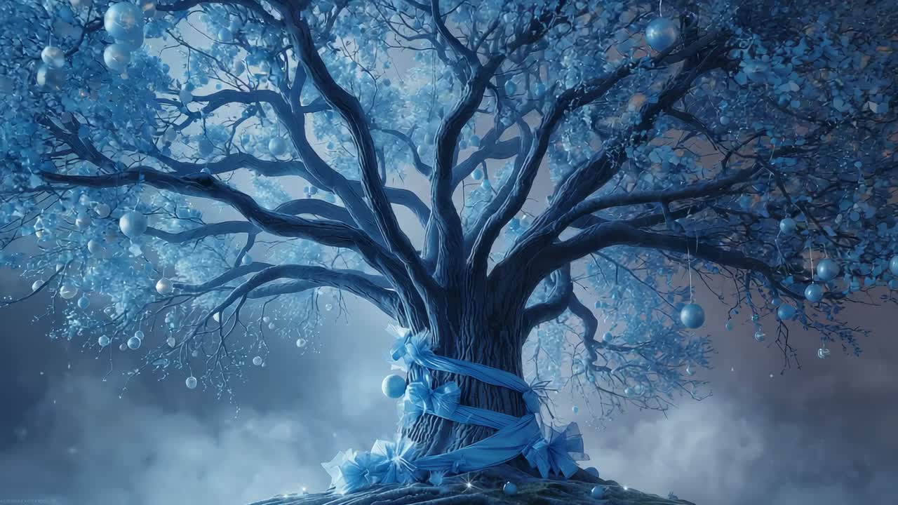 Mist drifting around tree causing blue ribbons and ornaments moving on hilltop adding ethereal glow
