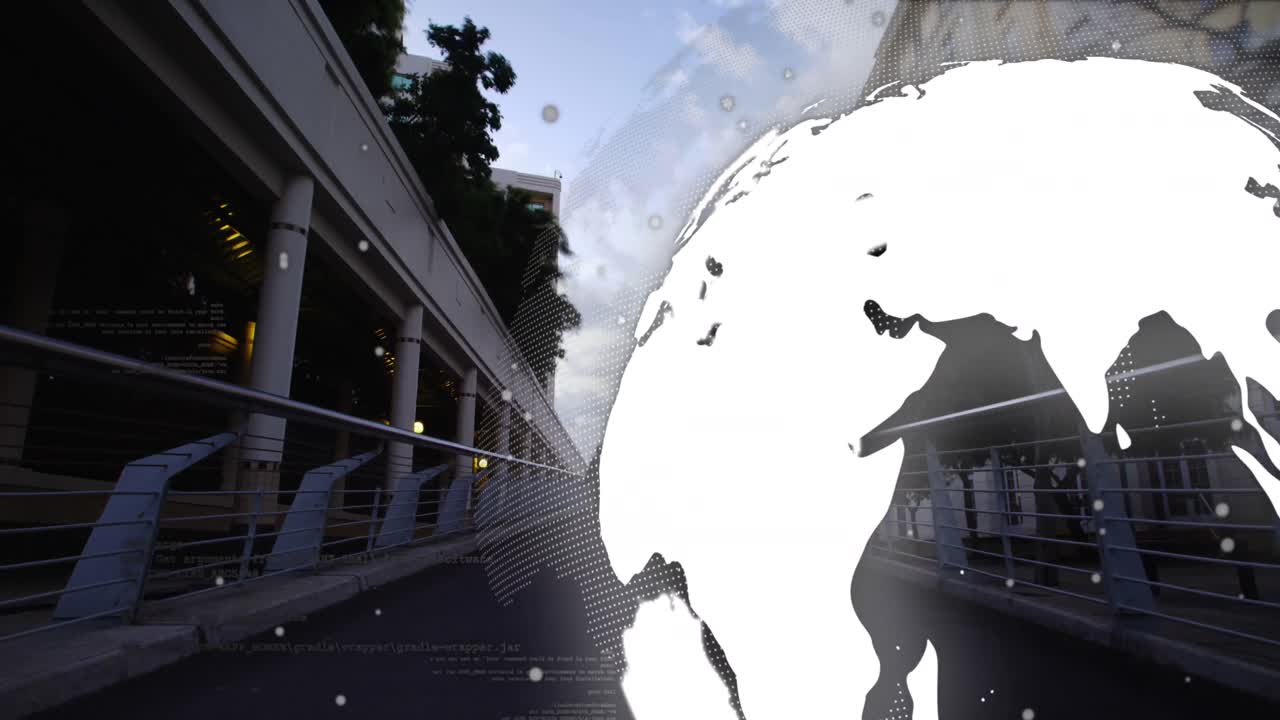 animación de giro del globo con conexiones sobre el paisaje urbano.