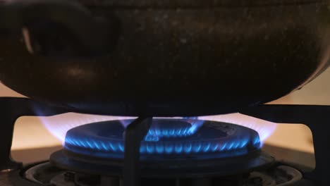 flames heating a stainless steel pot for cooking - close up