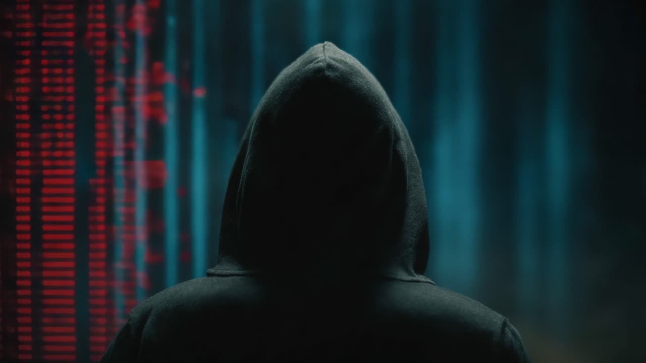 Figura anonima con una felpa con cappuccio scura in piedi davanti a una parete di codice digitale a cascata, che rappresenta il mondo misterioso e spesso oscuro dell'hacking e delle attività informatiche.