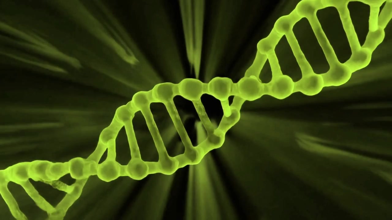 Elica di DNA verde che ruota e si dissolve nello spazio astratto