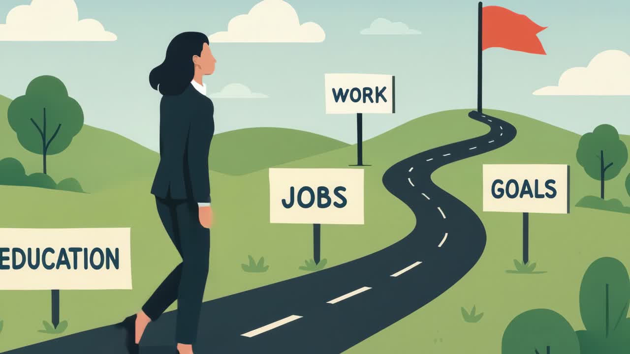 Illustration of a woman on a winding road with signs for education, jobs, work, and goals