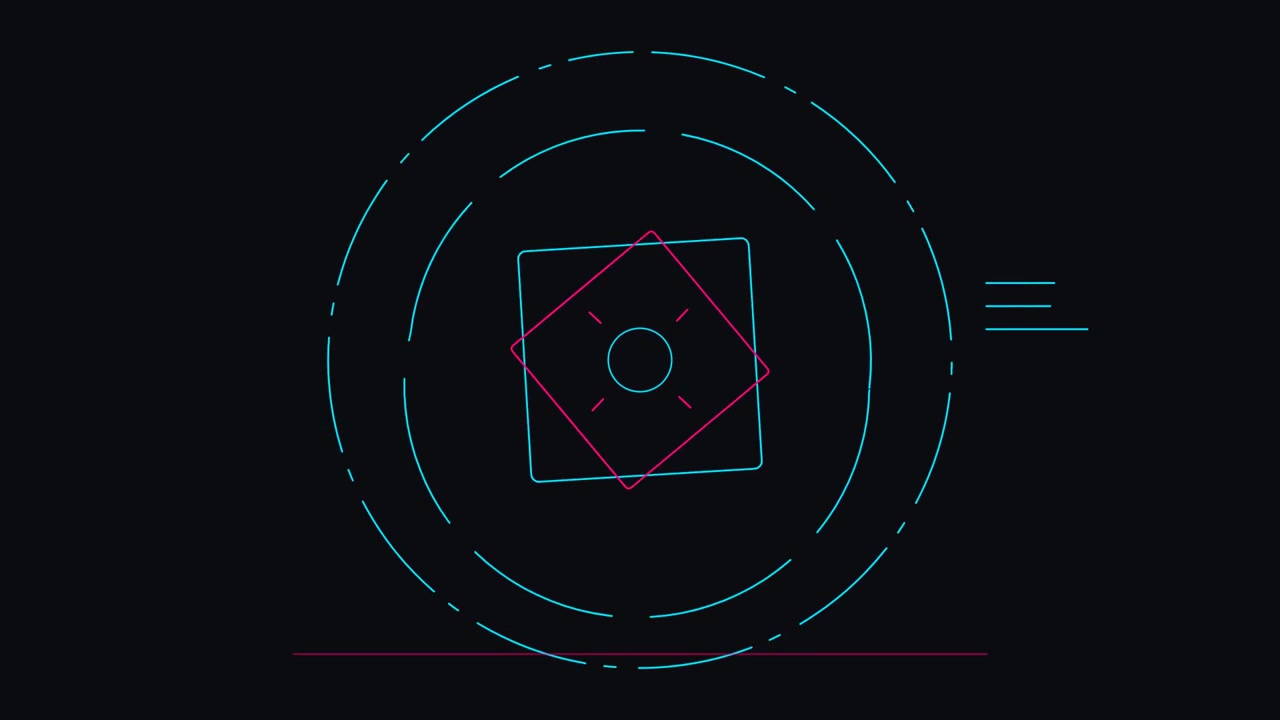 Gráficos de movimento abstratos apresentando formas geométricas giratórias e elementos de HUD
