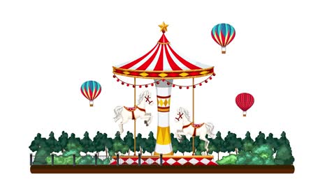 carousel rotates amidst floating balloons and trees.