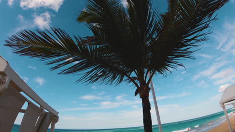 Tiro-Inclinado-Hacia-Abajo-Desde-El-Cielo-Azul-Con-Nubes-Blancas-Hinchadas-A-Través-De-Palmeras-Hasta-El-Agua-Turquesa-En-La-Playa-De-Punta-Cana,-Dominicana,-Hispaniola,-Con-Cenador-Blanco-Y-Sillas-De-Playa