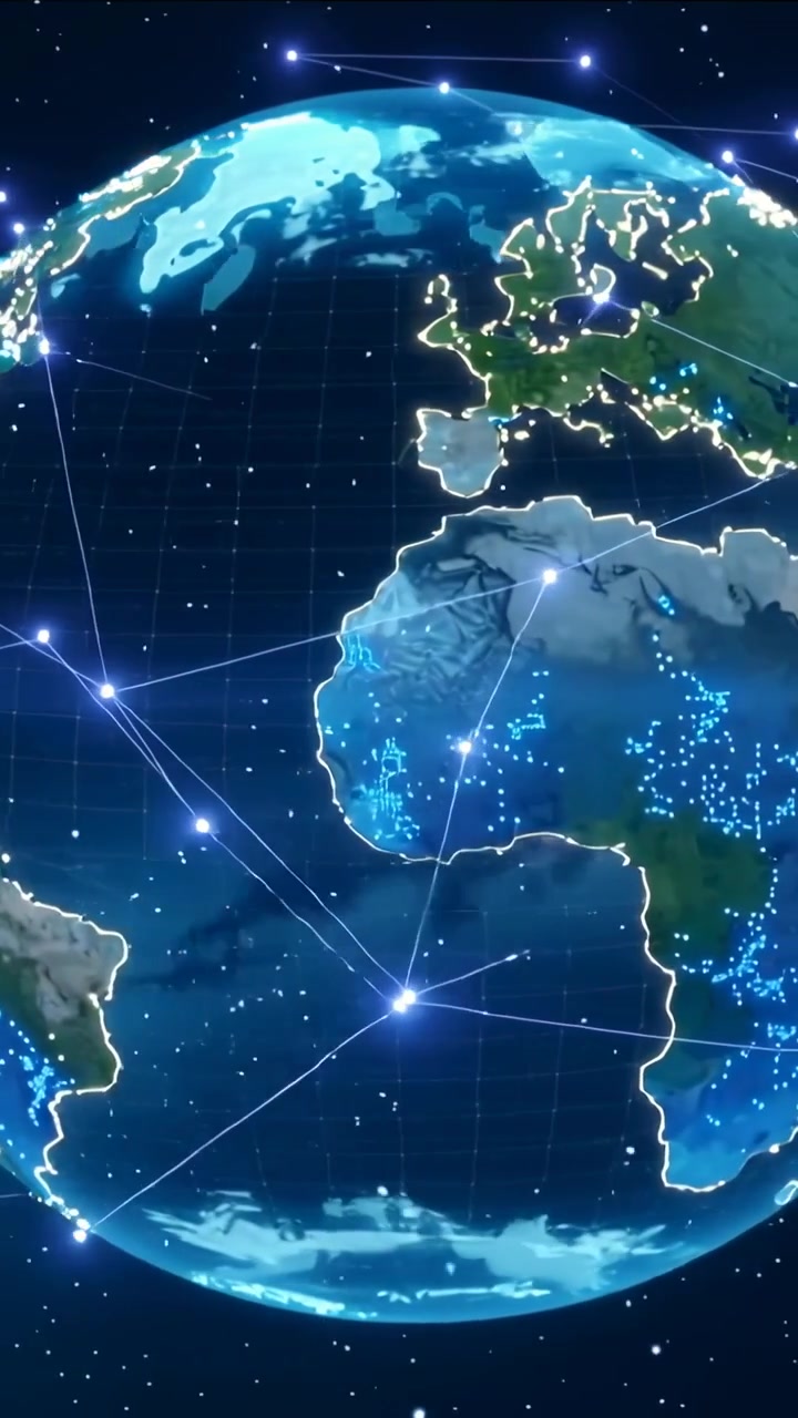 Vídeo vertical: Globo giratório iniciando mostrando costas, cidades como centros pulsantes no espaço exibindo dados