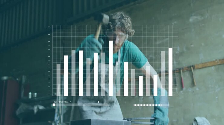 Blacksmith placing red hot metal on anvil hammering while chart-grid overlay showing industry stats