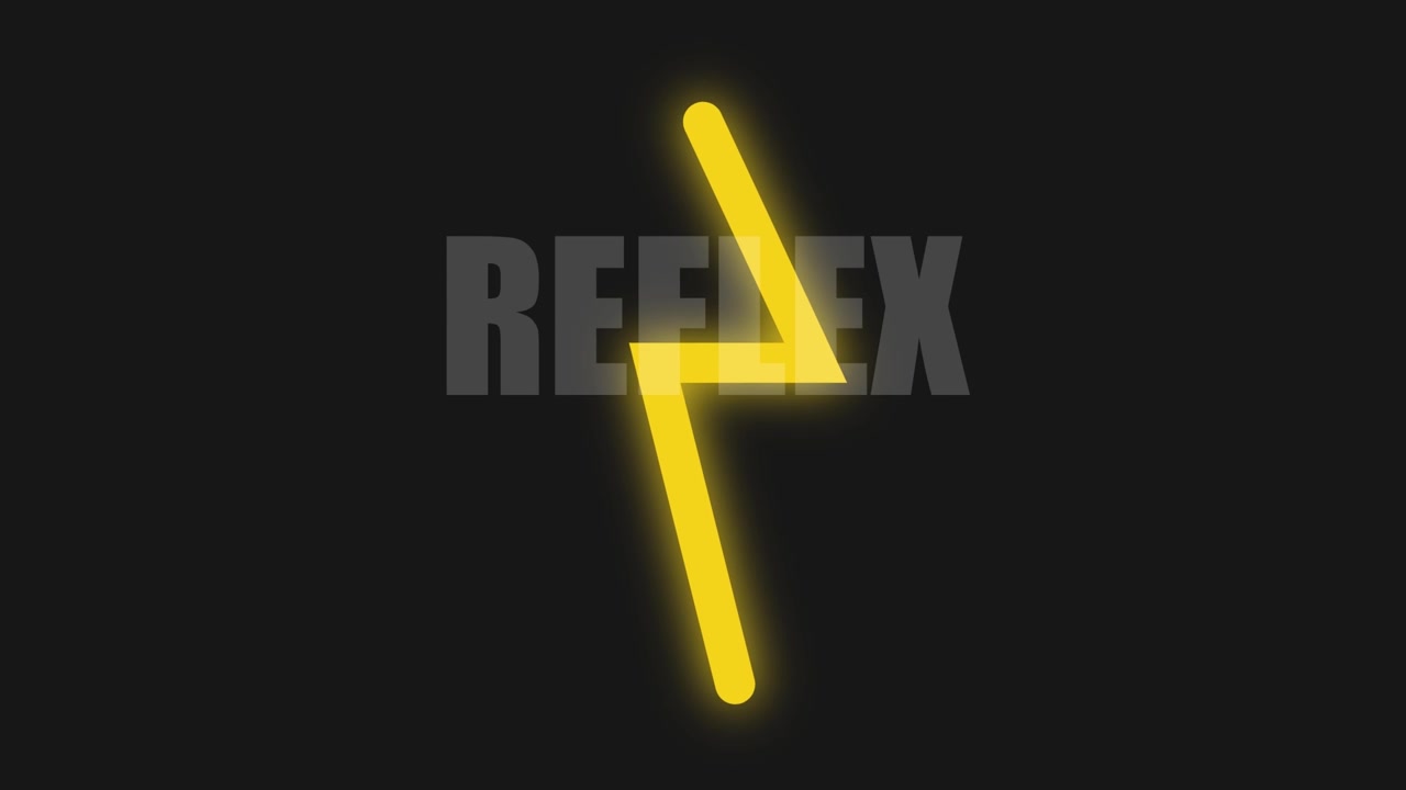 Render 3D teks REFLEX dengan simbol kuning bercahaya di latar belakang gelap menciptakan animasi abstrak yang dirancang untuk visual teknologi, grafis gerak, dan overlay video.