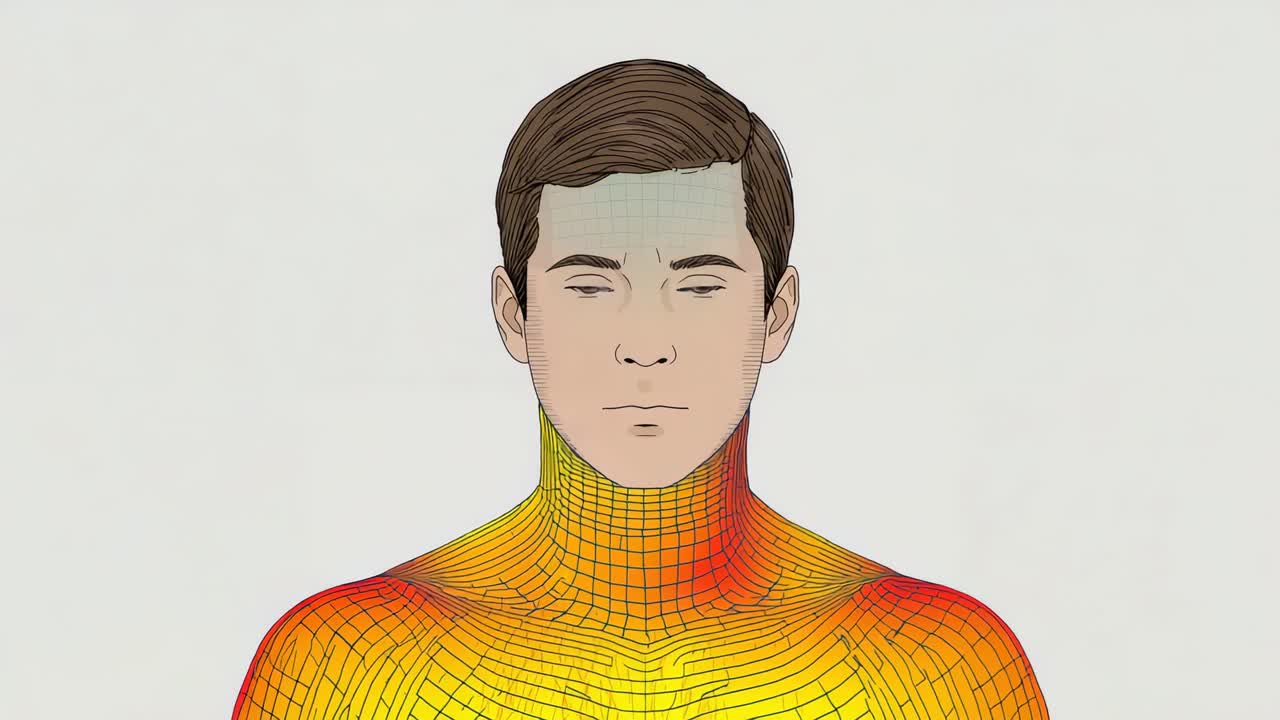 All'avvio della riproduzione, busto maschile che sposta il wireframe da caldo a ciano sullo sfondo grigio per la segmentazione