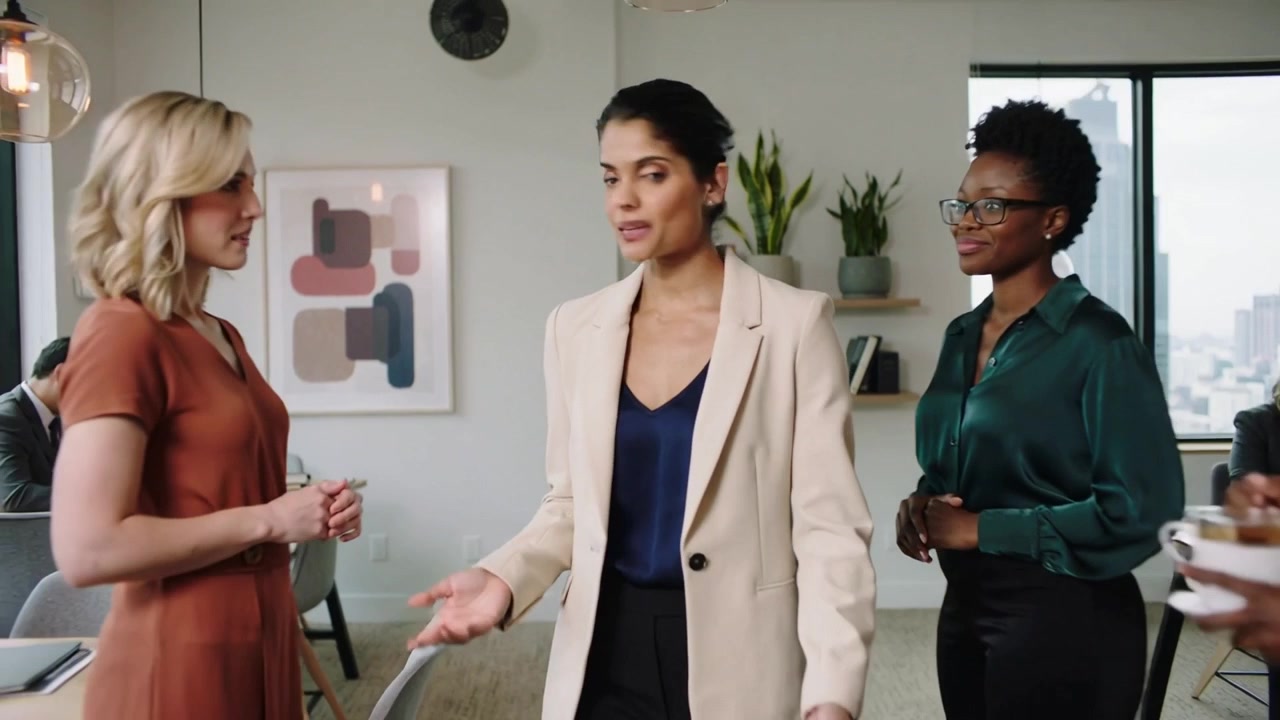 Entering Indian woman in beige blazer gesturing, leading discussion at office table with laptops