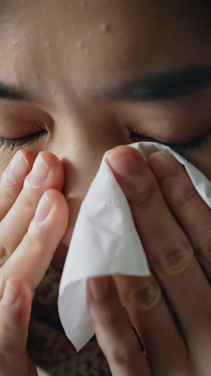 Video verticale: Con il naso che cola, una donna tiene un fazzoletto, premendosi e strofinandosi il naso sotto gli occhi a casa.