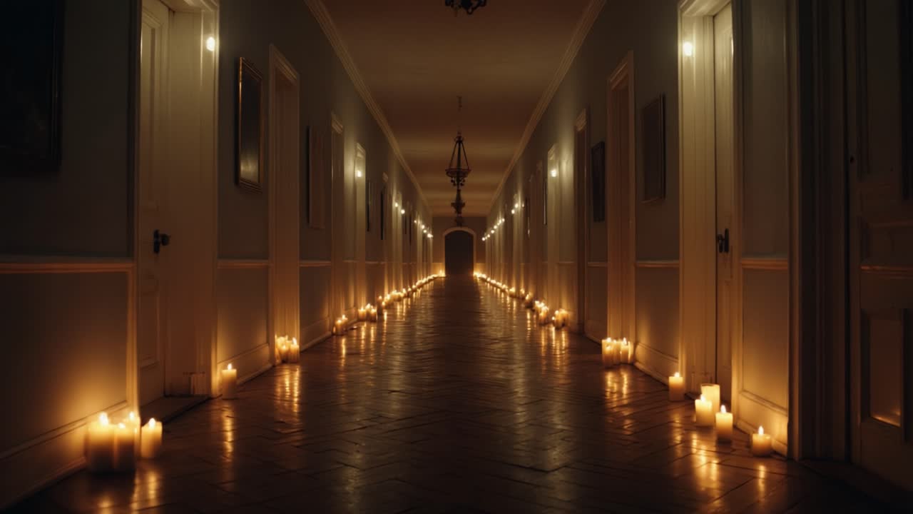 Eerie Candlelit Hallway: A Hauntingly Beautiful Corridor Illuminated by Flickering Flames, Inviting Mystery and Intrigue in a Dimly Lit Setting