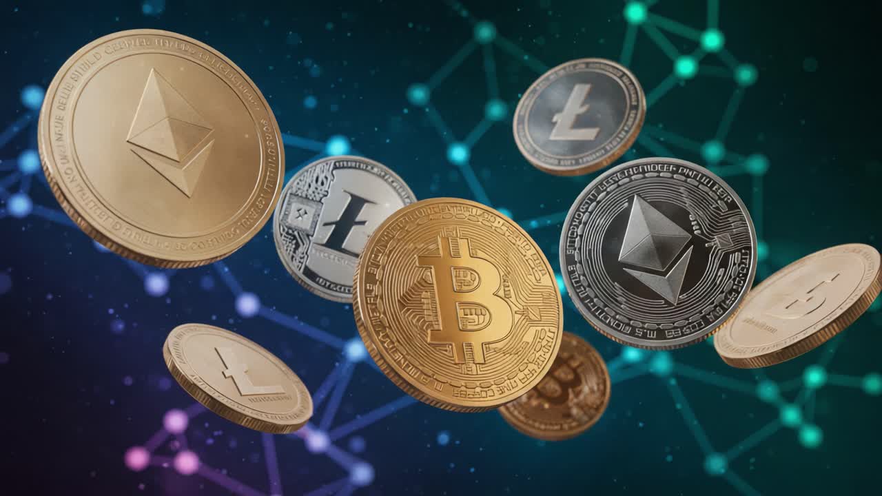 A Captivating Display of Cryptocurrency Coins, Featuring Prominent Tokens Like Bitcoin and Ethereum Floating Against a Dynamic Digital Background