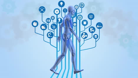 animación de un modelo humano digital a través de una red de conexiones con íconos y engranajes sobre fondo azul