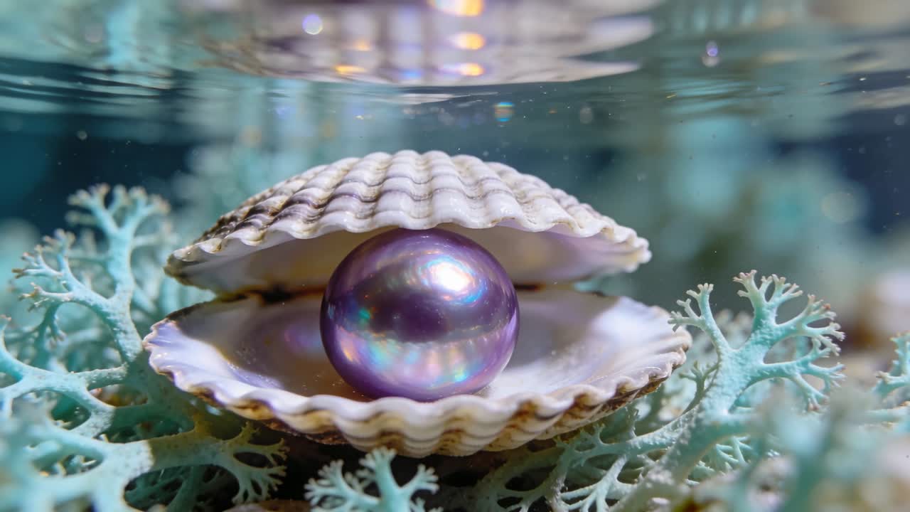 Shell holding iridescent pearl on coral, ripples shifting reflections, camera closing for jewelry
