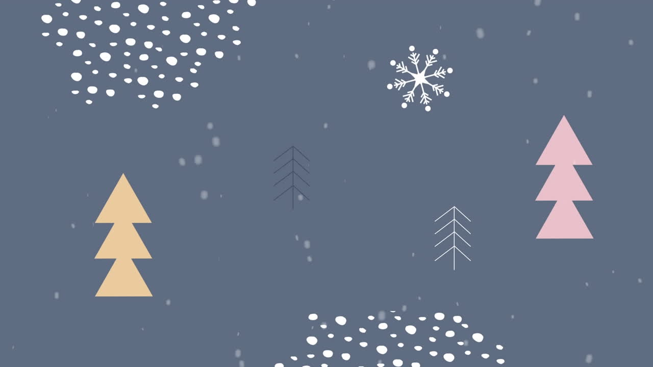 animación digital de nieve cayendo sobre iconos de árboles de navidad y formas abstractas en fondo gris