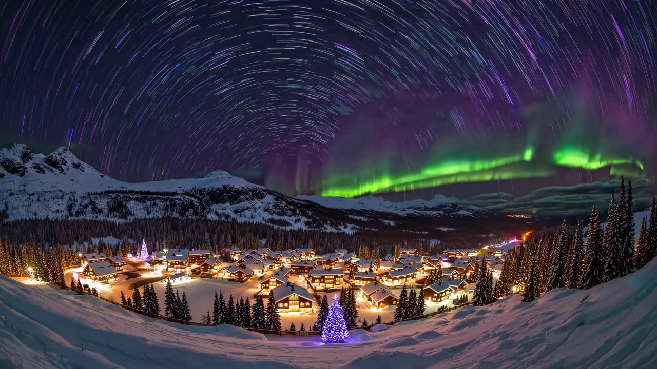 A mesmerizing wide-angle video shot of a snowy village under swirling star trails and vibrant aurora