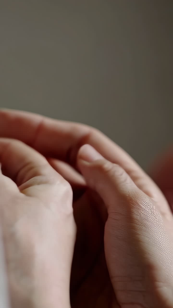 Close-up of an adult's hand gently holding a newborn baby's hand