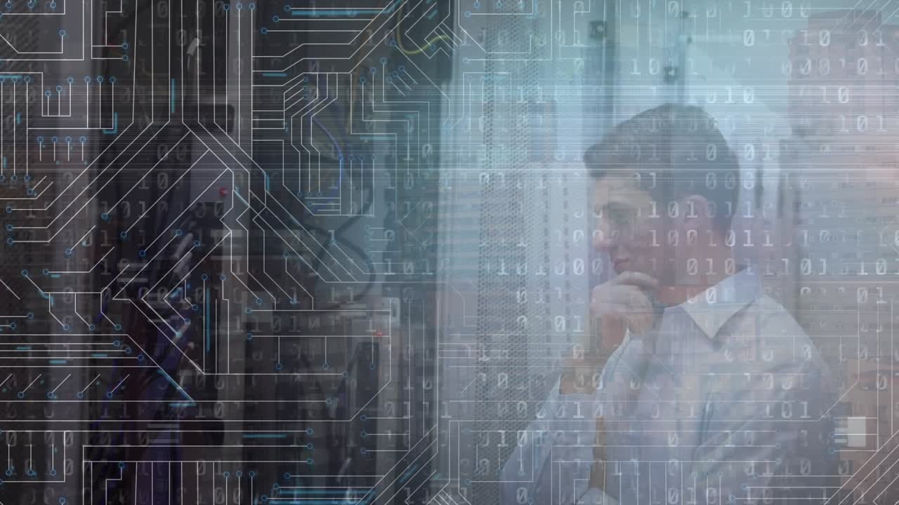 Animation of computer circuit board and binary coding over caucasian businessman in server room