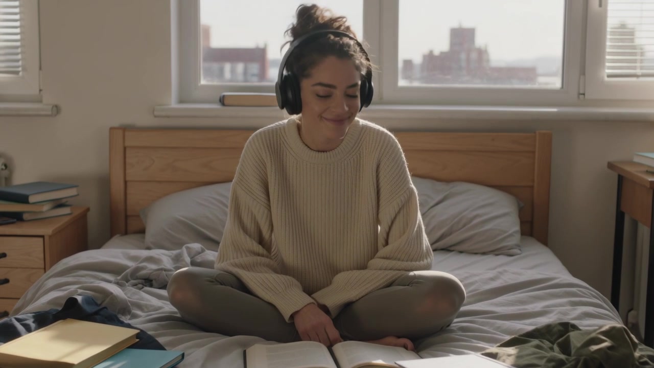 Mulher de suéter creme ouvindo, acompanhando um livro aberto para estudo, fones de ouvido tocando áudio, vista da cidade
