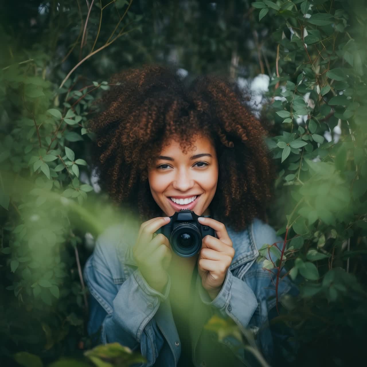 A joyful woman holding a camera, surrounded by lush greenery. Captured from a low angle, this video