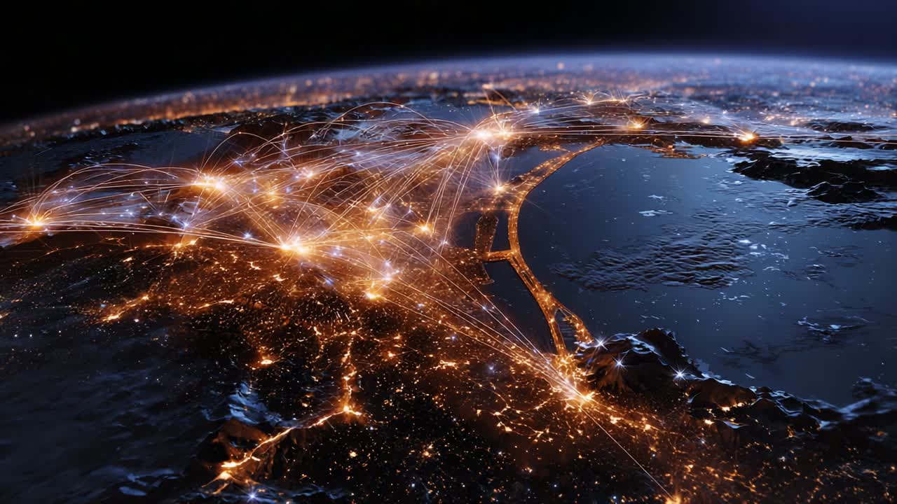 A Stunning Display of Global Connectivity: Illuminated Networks and Flowing Data Travel Across Land and Sea as Technology Links Regions and Cultures in a Mesmerizing Spatial Perspective