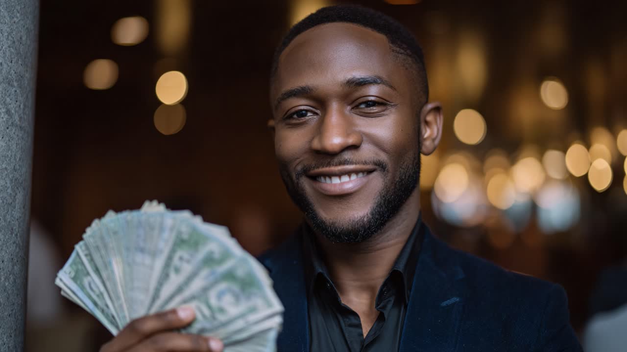 Un giovane uomo sorridente e pieno di gioia stringe in mano una manciata di contanti in un ambiente elegante, che mette in mostra prosperità e successo su sfondi sfocati