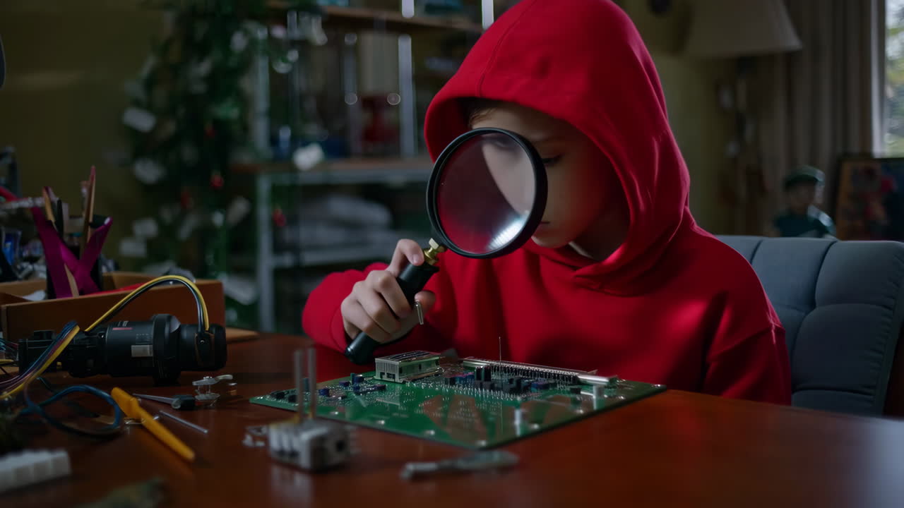 Young Child Explores Electronics with a Magnifying Glass