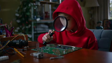 young child explores electronics with a magnifying glass