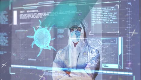 animación del procesamiento de datos sobre un médico caucásico con máscara facial