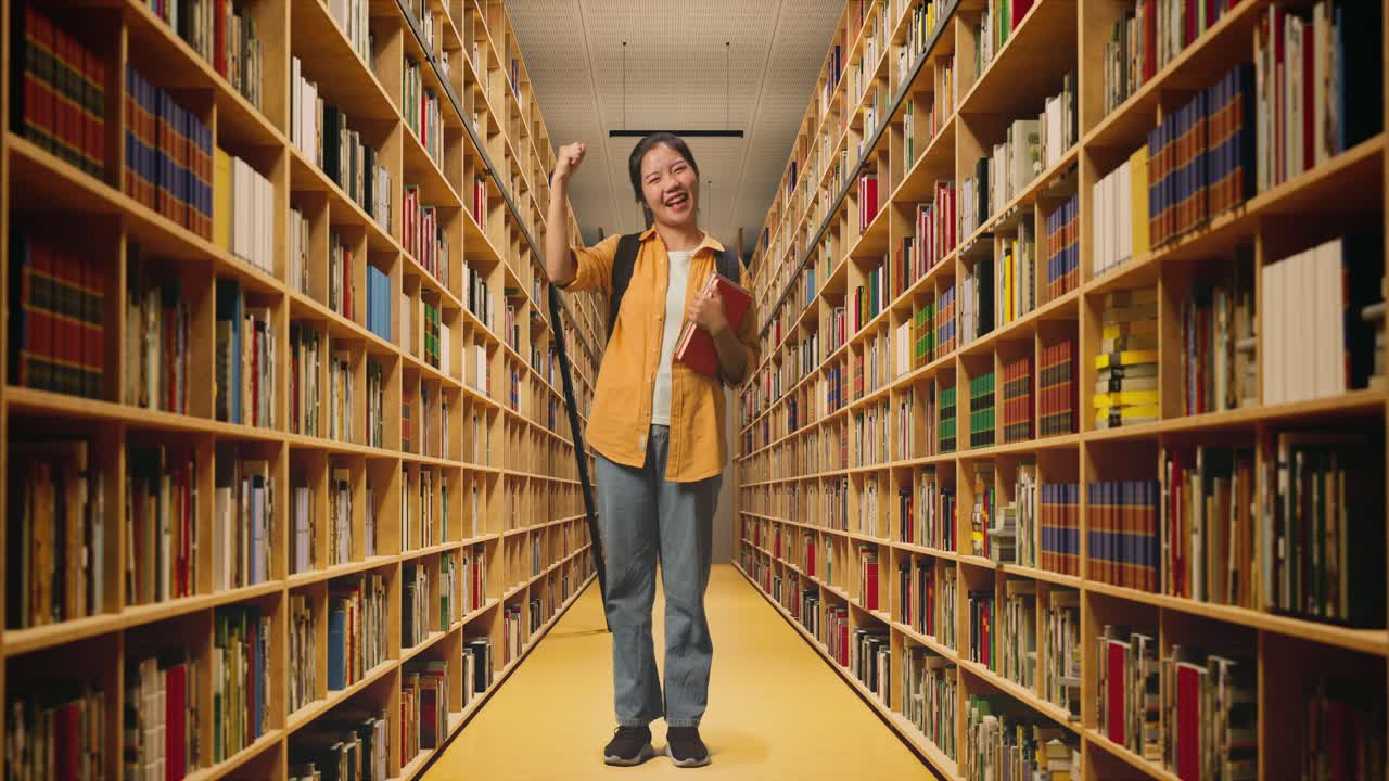 cuerpo lleno de estudiante mujer asiática con una mochila y algunos libros gritando meta celebrando éxito de aprendizaje en la biblioteca