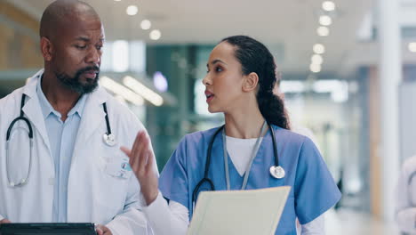 tablet, report and nurse talking to doctor