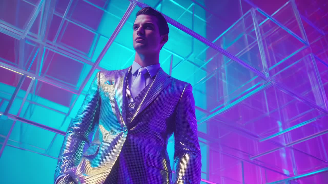 A Dazzling Fashion Model Stands Confidently in a Futuristic Setting Wearing a Shimmering Metallic Suit Surrounded by Vibrant Lights and Geometric Structures, Showcasing Modern Style and Elegance