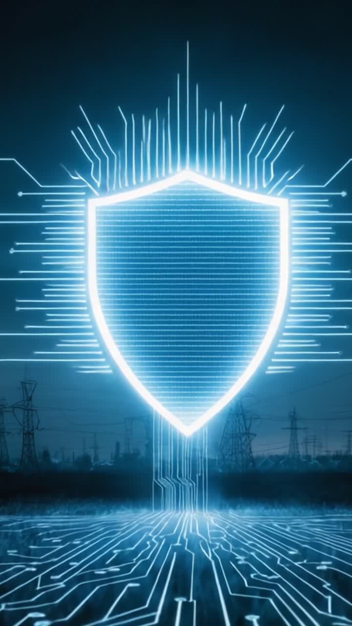 A Stunning Digital Representation of Cybersecurity: A Glowing Shield Surrounded by Circuit Patterns Symbolizing Protection in a High-Tech Environment