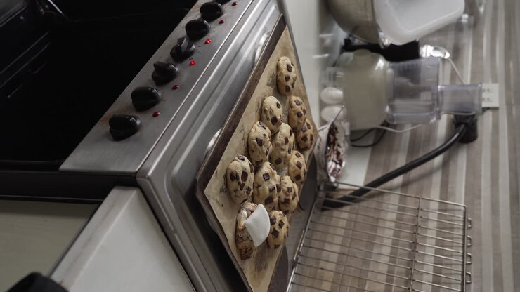 Vertical Shot Of Freshly Baked Chocolate Chips Cookies Removed From The Oven, One Topped With Marshmallow