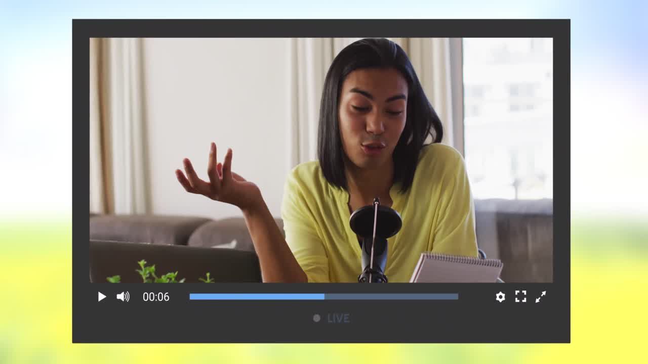 Animation of social media screen over biracial woman making video blog