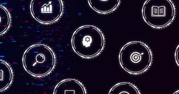 White rings drifting starting icons rotating, shifting grid, new symbols fading in for digital flow