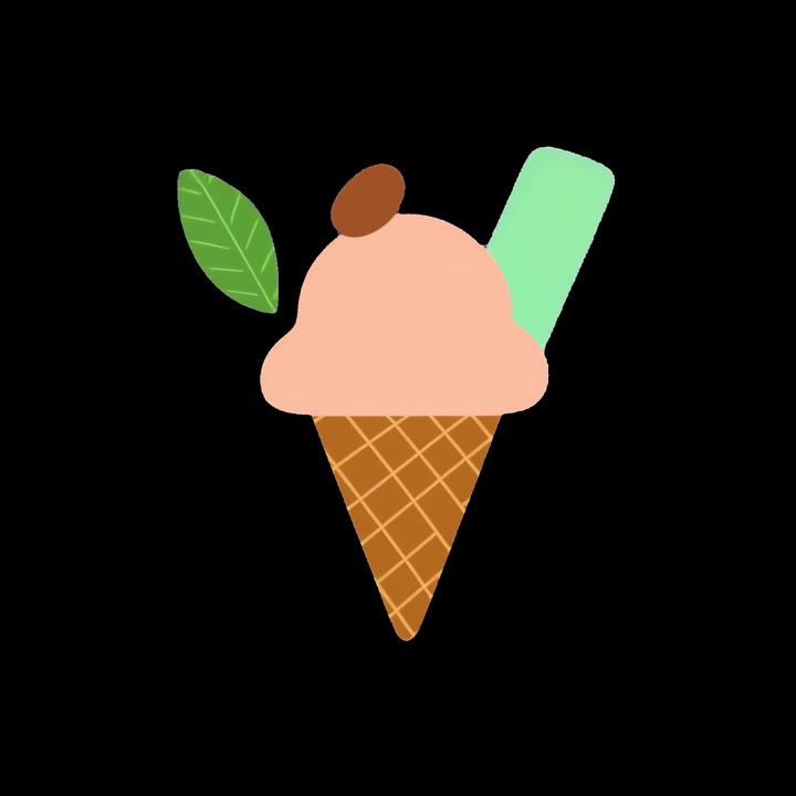 Cono gelato animato con foglia di menta su sfondo nero