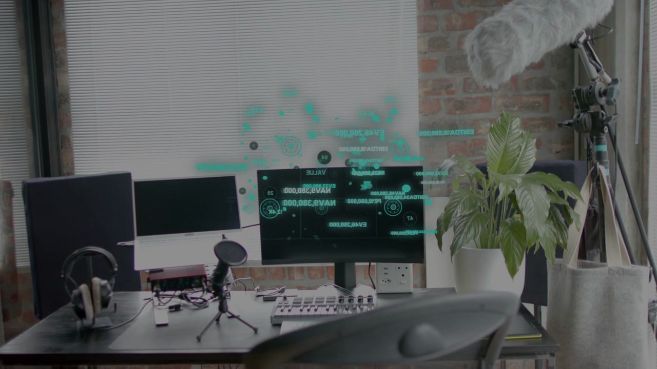 Faint HUD appearing over monitors, growing aligning and spreading labels, visualizing data on desk